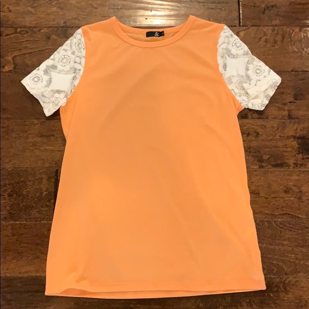 Ampersand Ave, orange tee with lace sleeves